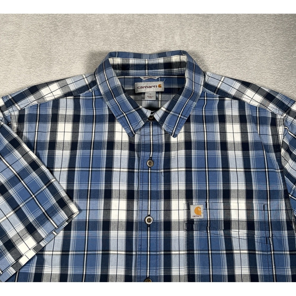 Carhartt Plaid Short Sleeve Shirt Mens Large Blue Plaid Button Down 103004 445